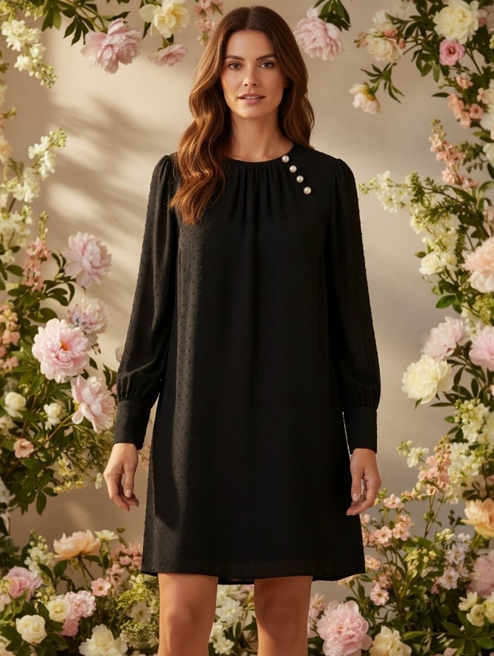 LOFT Black Long Sleeve Dress with Gold Button Accents